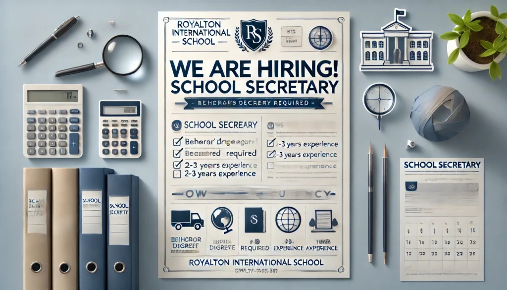 DALL·E 2024-10-24 12.25.23 - A professional job vacancy poster for the role of School Secretary at Royalton International School. The design should include a clean and modern layo